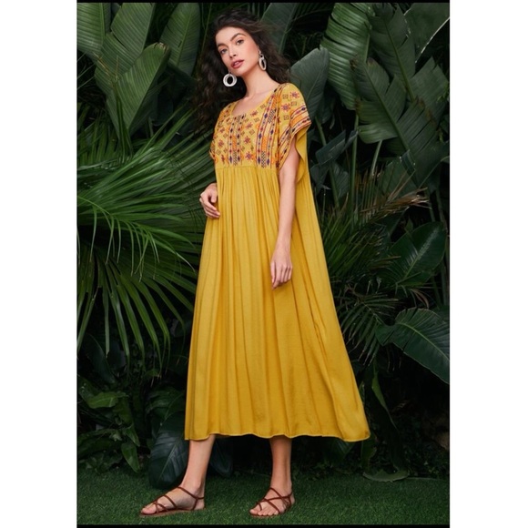 Bohemian Mulvari Embroidery Yoke Maxi Dress Women’s Medium Yellow Gold New Boho - Picture 3 of 6